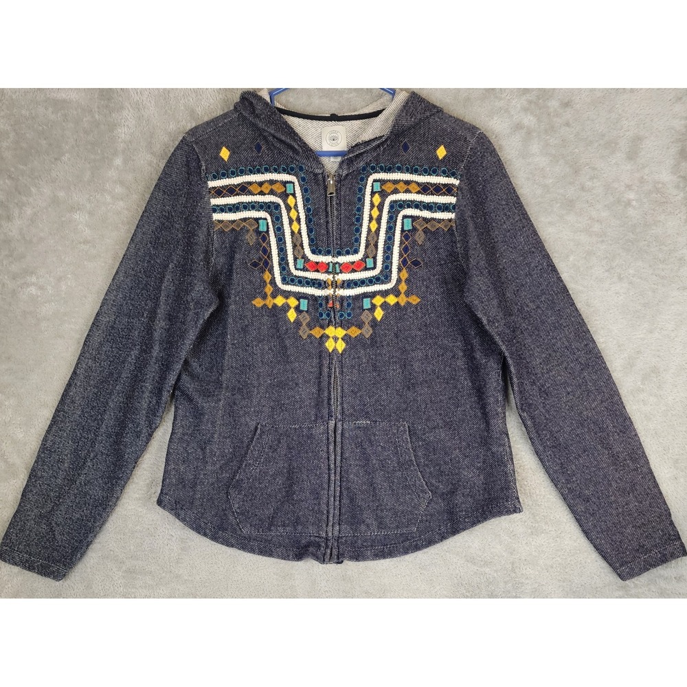 Lucky Lotus Hoodie Womens XL Indigo Blue Embroidered Southwestern Full Zip